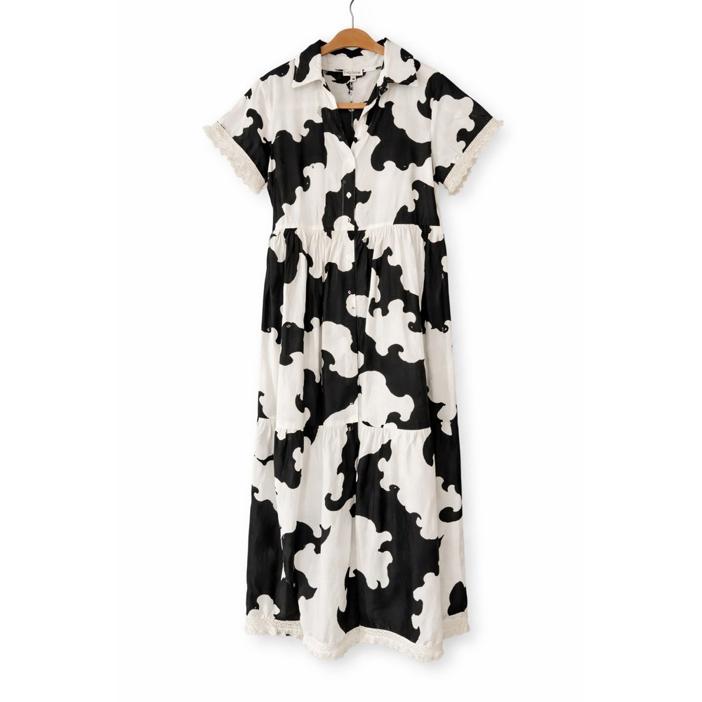 Modaposa Black White Abstract‎ Wave Print Cotton Tiered Midi Dress Small Fringe